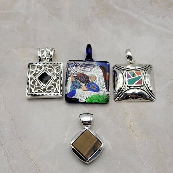 4-Piece Pendant Lot Dichroic Glass Silver Tone Metal Enamel Tiger Eye Square - Picture 1 of 7